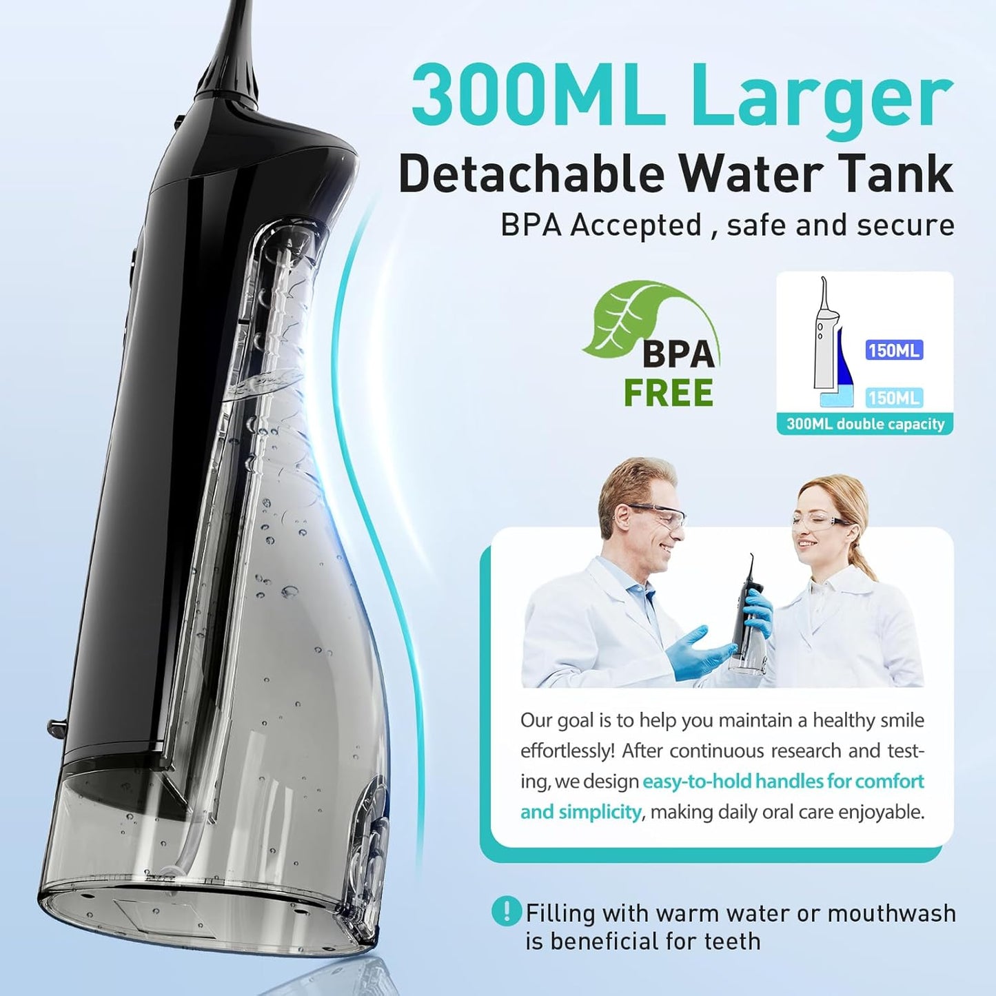 Water Dental Flosser Teeth Pick: Portable Cordless Oral Irrigator 300ML Rechargeable Travel Irrigation Cleaner IPX7 Waterproof Electric Flossing Machine for Teeth Cleaning C20(F5020E)